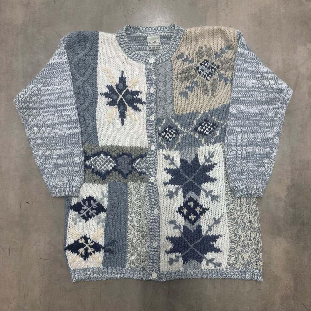 Classic Elements Cardigan Sweater Blue White Snowflake Hand Knit